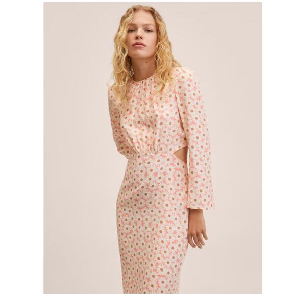 MNG Midi Dress Cut Out Daisy Floral Print Long Sleeve Pink White Womens Size XXL - Picture 16 of 16